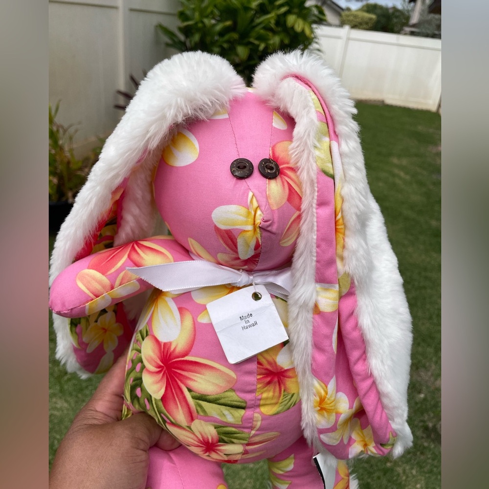 Handmade Made In Hawaii plush bunny featuring monstera leaves/plumeria flowers